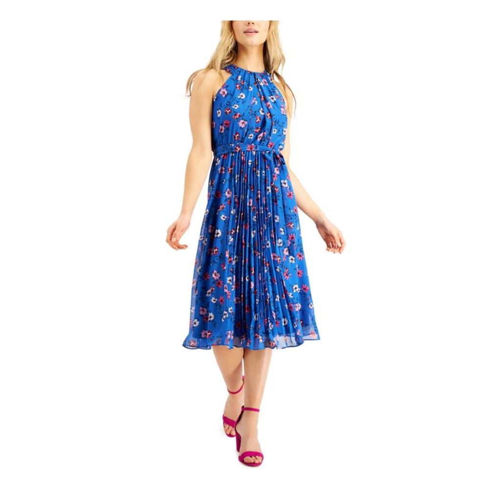 NWT INC DRESS Womens Blue Self-tie Belt Sleeveless Fit + Flare Dress 8